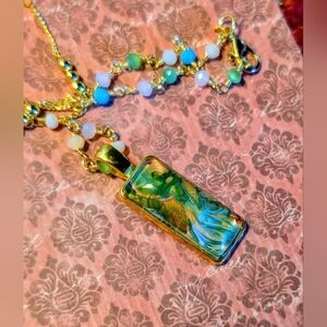 Handmade dainty gold and green fluid art pendant necklace